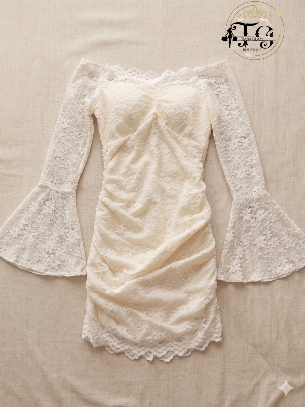 Off-Shoulder Ivory Lace Mini Dress with Bell Sleeves - Picture 1 of 2
